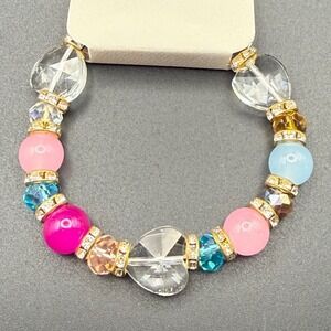Multicolor Beaded Stretch Bracelet Heart Crystal Rhinestone Gold Tone New